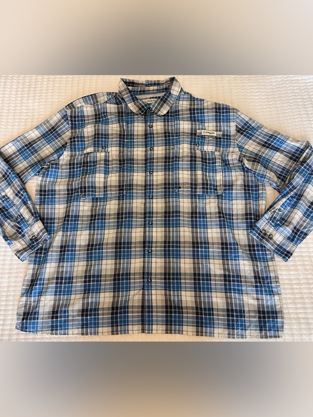 Magellan Fish Gear Plaid Shirt Relaxed Fit Blue White Mens 4XL Moisture Wicking